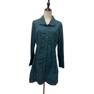 Gretty Zueger Dress Sz M Teal Embroidered Button Front Boho Artsy Fairy Grunge
